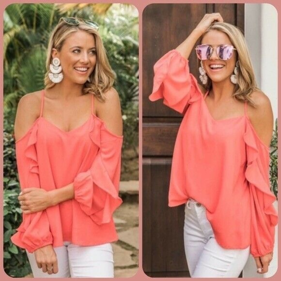 Pink Lily Tops - Pink Lily Coral Ruffle Sleeve Top